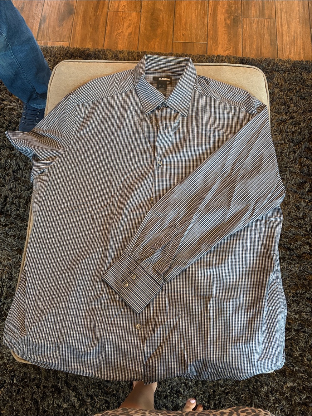 Claiborne Men's Navy and White Micro-Check Dress Shirt